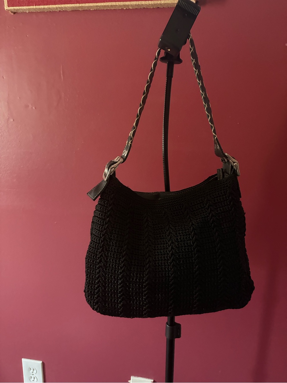 Chateau Black Knit Shoulder Bag with Braided Strap
